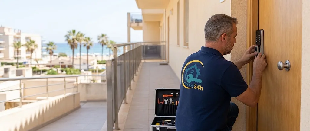 Cerrajero instalando una cerradura con código en un apartamento turístico cerca de la playa
