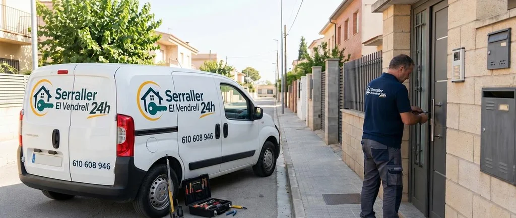 Furgoneta de Serraller El Vendrell 24h aparcada junto a una casa mientras el cerrajero abre la puerta
